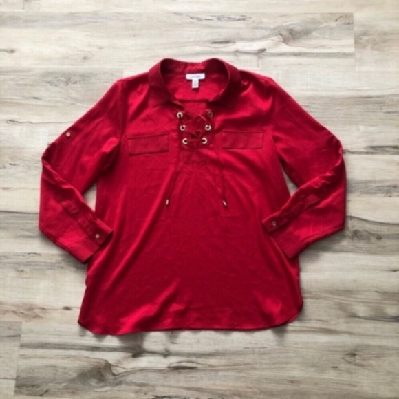 MASSIVE $10 SALE Calvin Klein Red Tie Front Blouse with Mandarin Collar - Picture 1 of 5